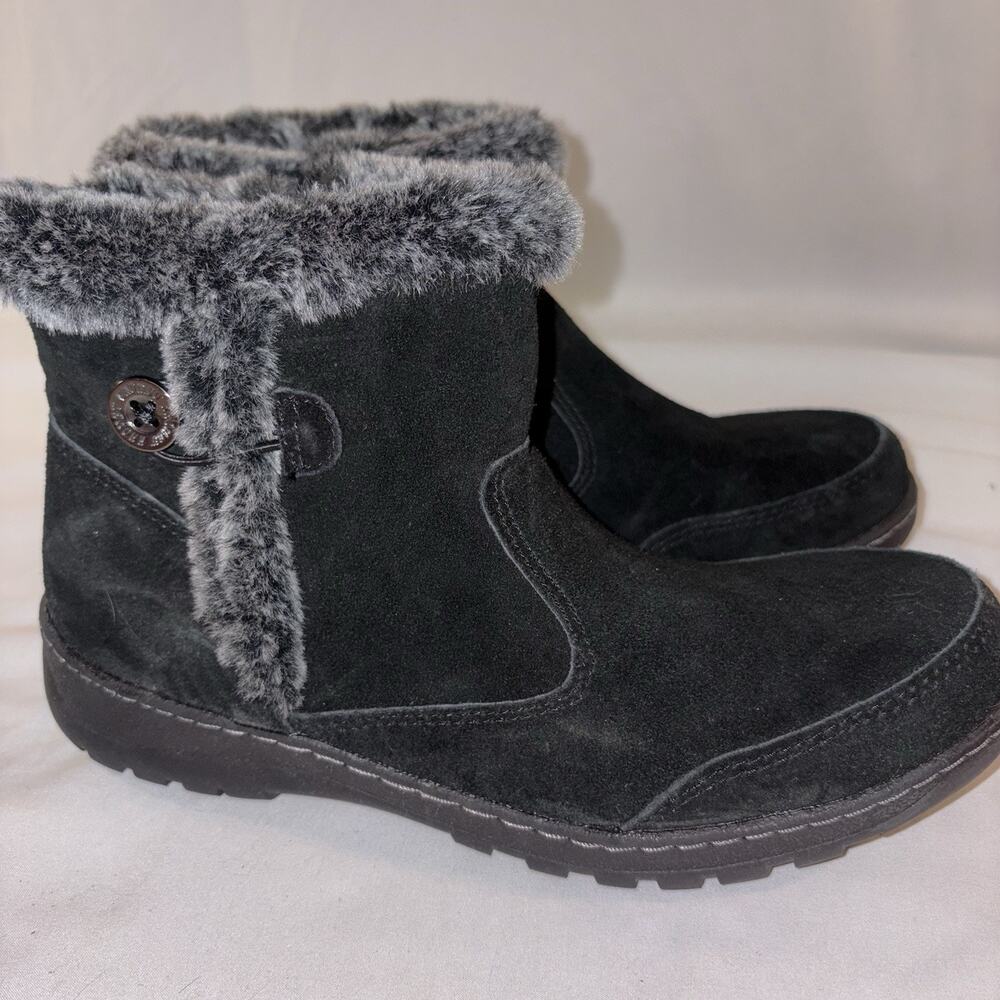 Khombu Iris Winter Snow Boots Womens Size 10 Black Faux Fur Trim Side Zip EUC